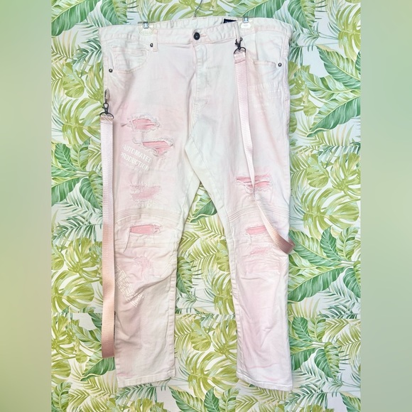 Smoke Rise Distressed Menās Skinny Jeans Pink Slim Tapered Fitā 44 x 32 - Picture 1 of 11